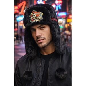 NWT Ed Hardy Unisex Trapper Hat Black Faux Fur Pompoms Graphic Love Kills Skull